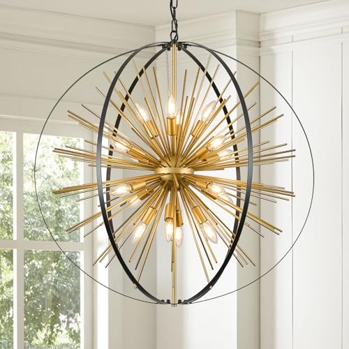 31" 16 Light Black Gold Sputnik Chandelier Modern Hanging Light