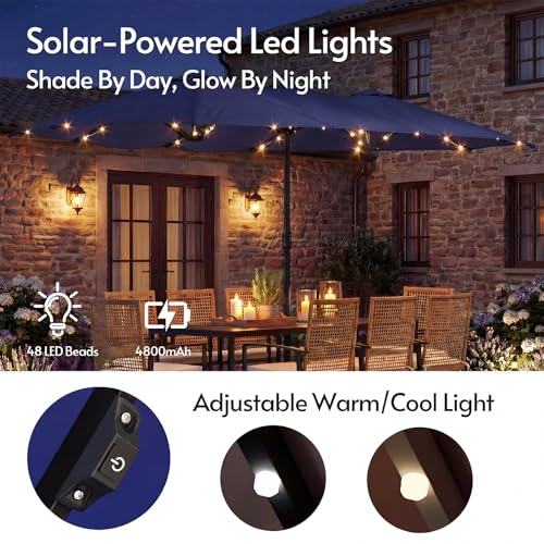 15ft Double Sided Patio Umbrella with Solar Lights and Base Included