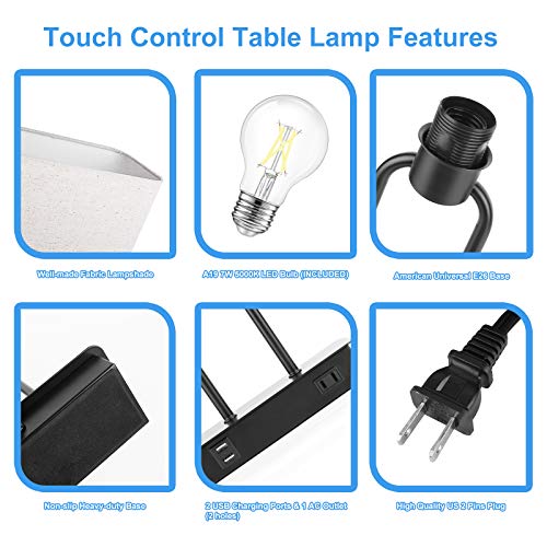 Bedside Touch Control 3 Way Dimmable Table Lamp with Cream Fabric Shade