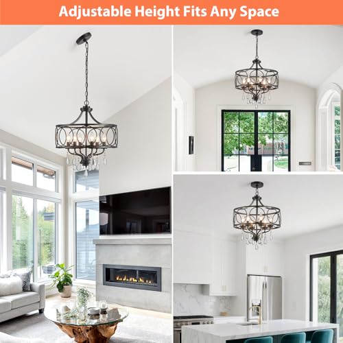 Modern Black Chandelier 17.7" Metal Crystal Pendant Lighting Fixture Hanging 6