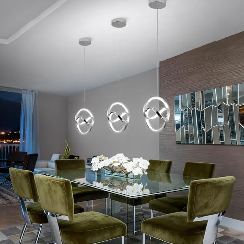 Modern LED Pendant Light Fixtures 5500K Pendant Lights Kitchen Island Lighting Adjustable Height Chrome Hanging Lamp for Dining Room Bedroom Living Room (3 Count)