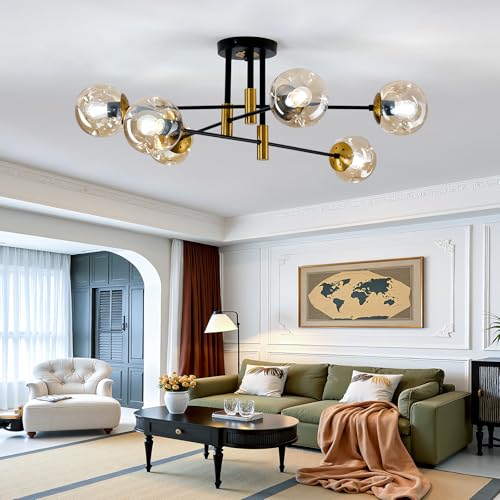 6 Lights Sputnik Ceiling Light Fixture Mid Century Modern Glass Globe Flush Mount Chandelier Black and Gold Farmhouse Lighting for Living Room Dining Room Bedroom Kitchen