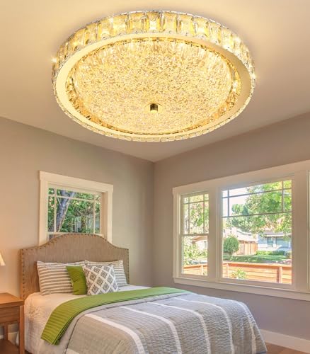 19.6" Modern Crystal Chandelier Dimmable LED Flush Mount Ceiling Light with Remote Control for Living Room Dining Room Bedroom Hallway Foyer Gold