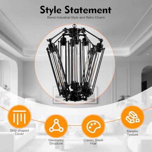 8 Light Industrial Vintage Black Metal Chandelier for Dining Room