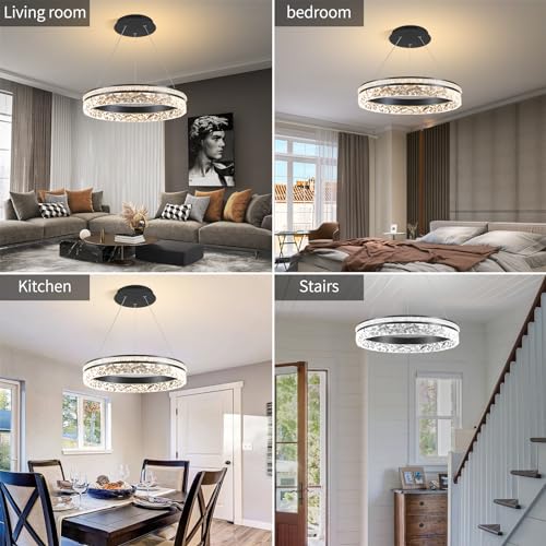 Modern LED Chandelier 1 Ring 19.7in Pendant Lighting for Kitchen Island 50W Dimmable LED Pendant Ceiling Light Black Hanging Light Fixtures with Remote for Kitchen Dining Room Bedroom Living Room