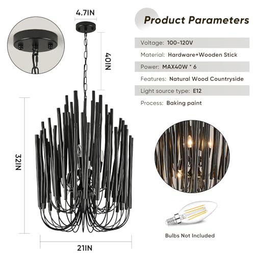 Black Wood Large Chandelier Industrial Hanging Light Fixture 21 Inch