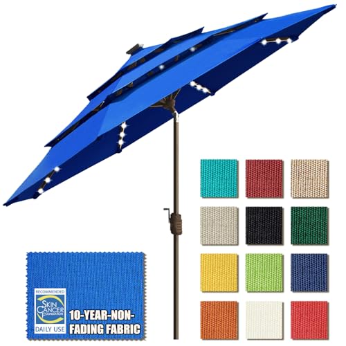 USA 10-Year-Non-Fading 9ft 3-Tier Market Patio Umbrella, Commercial Table Umbrella with 80 Solar LED Lights, Crank Open, Windproof & UPF 50+ UV Protection for Garden, Deck, Pool, Backyard, Royal Blue