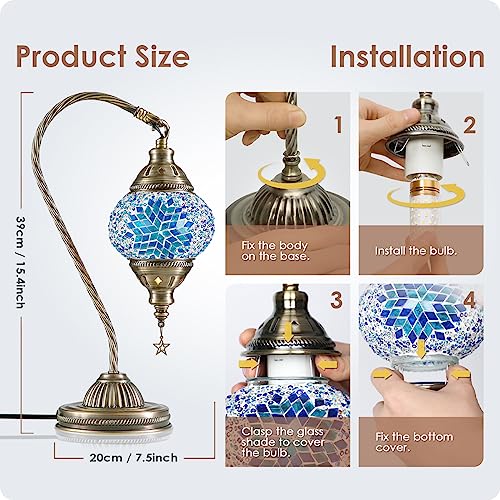 Turkish Moroccan Lamp with Bronze Base 3 Color Options Handmade Swan Neck Mosaic Glass Bedside Lamps for Bedroom