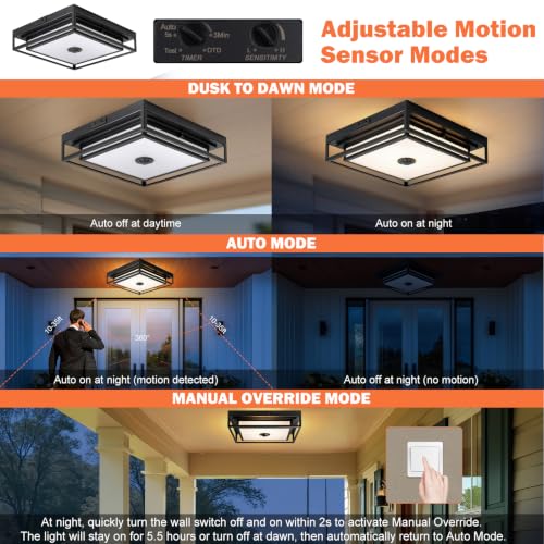 13" Motion Sensor Outdoor Ceiling Light Large Flush Mount Lighting 2 Pack (2 Count)