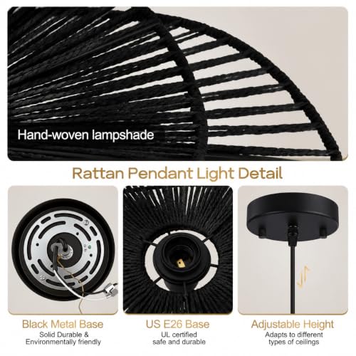 22.8" Large Rattan Pendant Light (Black)
