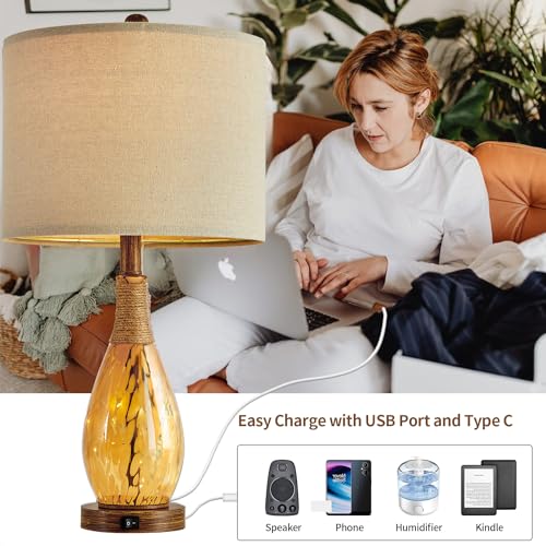 23" USB A+C Table Lamp for Bedroom Living Room Modern Bedside Lamps Retro Farmhouse Rattan Glass Nightstand Nightlight Lamps