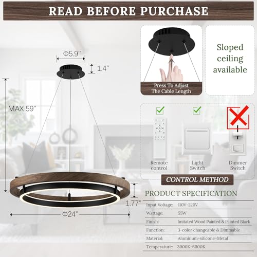 LED 2 Ring Chandelier Dimmable Up Down Light Black Walnut Wood