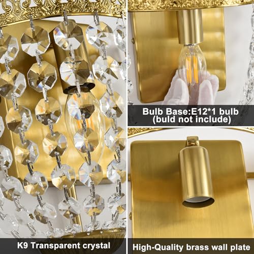 Vintage Crystal Wall Sconces Set of 2 Hardwired Brushed Brass Finish (2 Count)