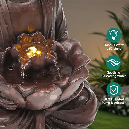 AUTODAYA 18.9" H Buddha Statue Outdoor Water Fountain with Warm LED Lights