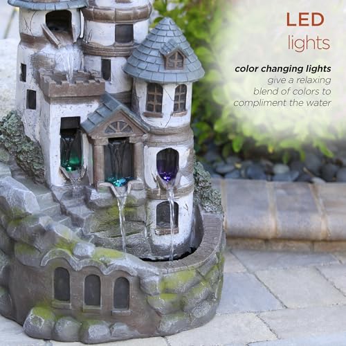 USA1368 Outdoor Floor Tiered Fairy Castle Water Fountain with Color Changing LED Lights