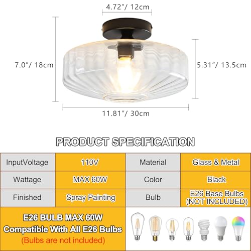 11.8" Clear Glass Ceiling Lights Retro Small Semi Flush Mount Ceiling Light