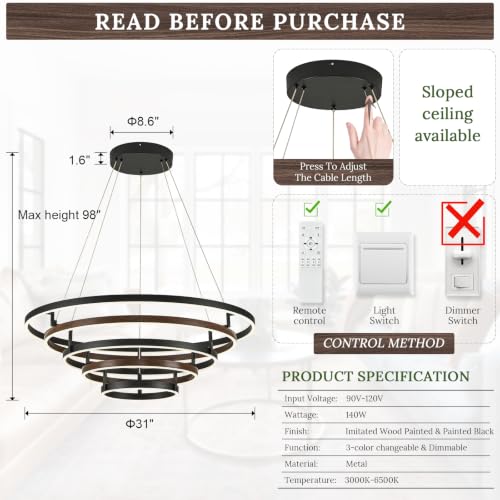 5 Ring LED Chandelier Modern Chandeliers Walnut Wood Black Dimmable 31''