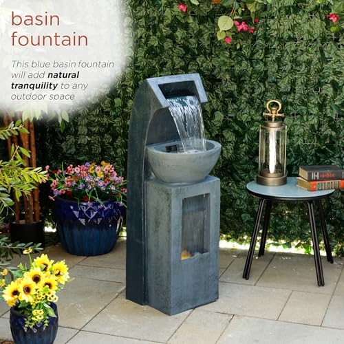 41" Tall Outdoor Basin Waterfall Floor Fountain with LED Lights for Garden