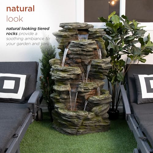 WIN1092 Outdoor Multitiered Rock Waterfall Floor Fountain with Warm White LED Lights