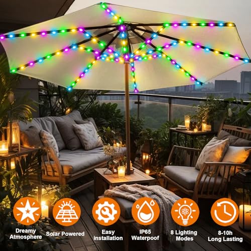 Patio Umbrella Solar Lights Outdoor 8 Strands with 8 Lighting Mode 152 LEDs
