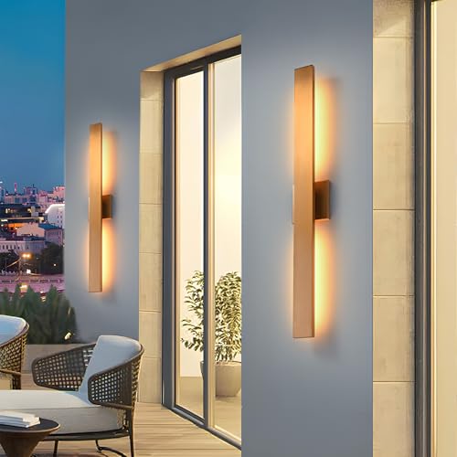 Gold LED Outdoor Wall Sconce 34in Modern Exterior Lighting Fixtures 3000K Waterproof Aluminum & Glass Outside Lights for House Garage Patio (2 Count)