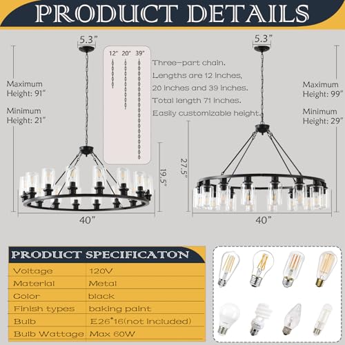 Black Wagon Wheel Chandelier 40 Inch Modern Farmhouse Glass Pendant Light 16 (16 Count)