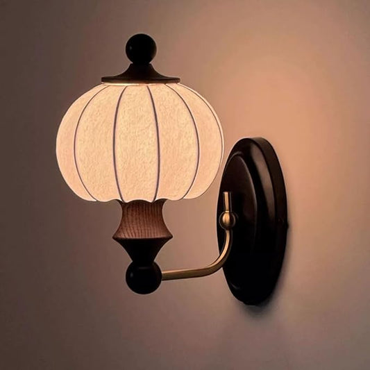 Retro Wooden Wall Sconce Elegant Wabi Sabi Home Decor Lighting Fixture with Imitation Silk Fabric, Japanese Style Solid Wood Art Bedside Wall Lamp White Pumpkin Lampshade E27