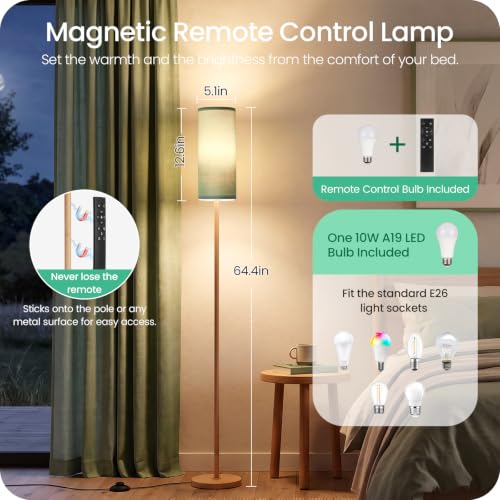 Wooden Textured Tall Slim Floor Lamp for Living Room with Remote and Foot Switch