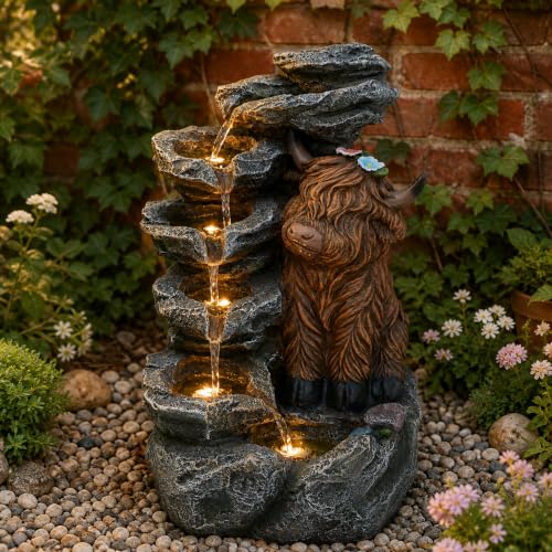 6 Tier Outdoor Water Fountain LED Waterfall with Highland Cow