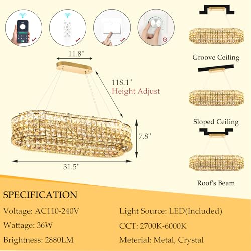 L32 x W12 Modern Chandeliers for Dining Room LED Dimmable Pendant Lighting Ceiling Chandelier Crystal Rectangle Light Fixtures Gold