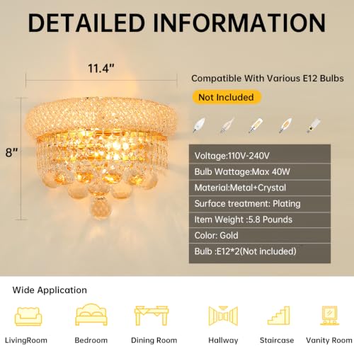 2 Lights Empire Crystal Wall Sconce Light for Living Room