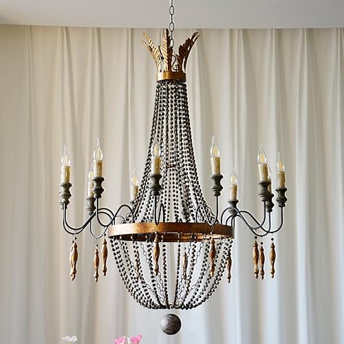 12 Light French Country Wood Beaded Chandelier