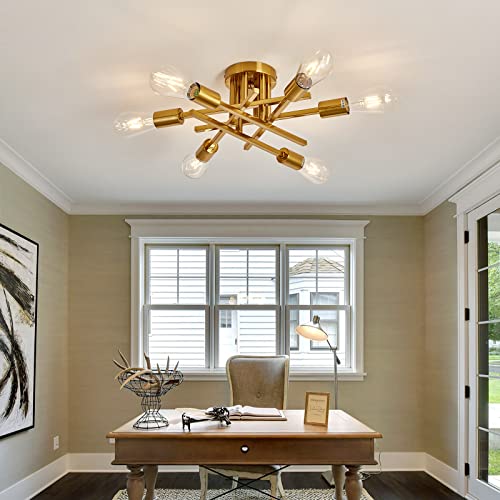 6 Lights Semi Flush Mount Ceiling Light Fixture Gold Modern Matte Sputnik Chandelier Vintage Ceiling Lamp Farmhouse for Kitchen Bedroom Dining Room Living Room with E26 Bulb Base