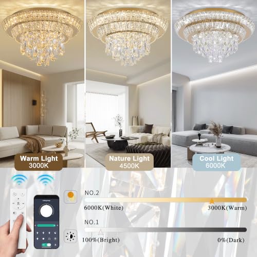 18" Gold Crystal Flush Mount Chandelier Modern LED Ceiling Light Fixture