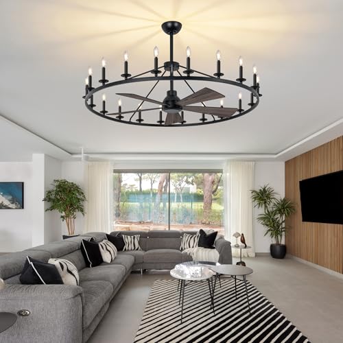 50" Black Wagon Wheel Chandelier with Fans