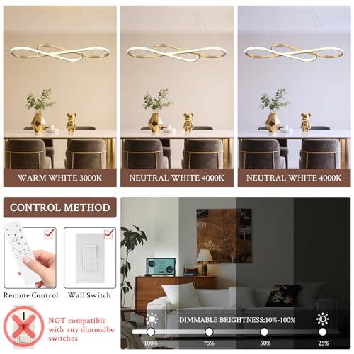 Modern LED Chandelier Gold Dimmable LED Pendant Light for Dining Room Light Fixture Over Table Modern Kitchen Island Lighting High Ceiling with Remote for Living Room
