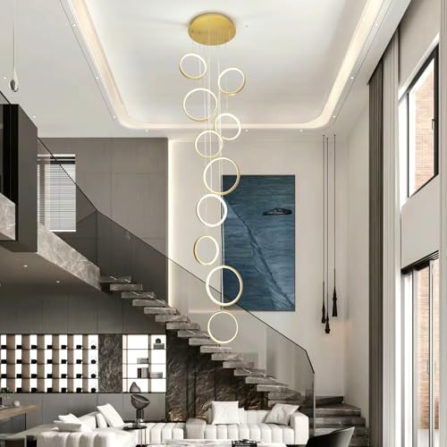 10 Ring Gold LED Chandelier for High Ceilings