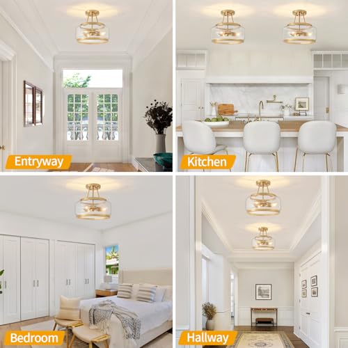 Brushed Gold Semi Flush Mount Ceiling Light Modern Glass Light Fixtures