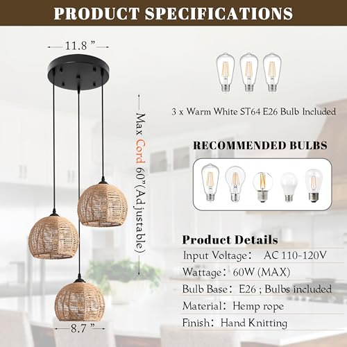 3 Light Mini Hemp Rope Woven Pendant Light Kitchen Island