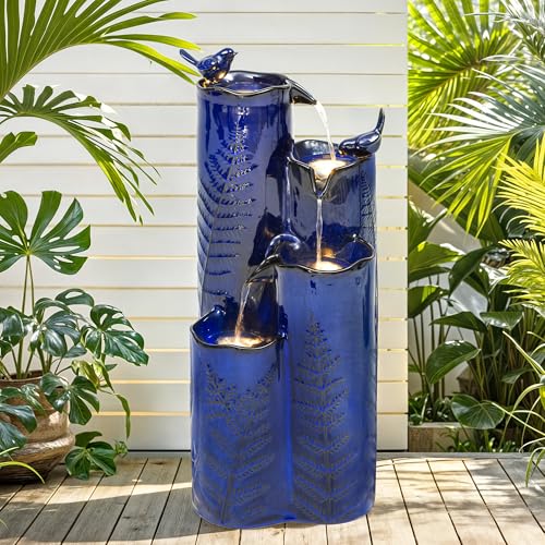 Autodaya 32" H Ceramic Outdoor Water Fountain with LED Lights