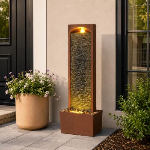38.5" Faux Slate Contemporary Outdoor LED Waterfall Fountain with Pebble Base