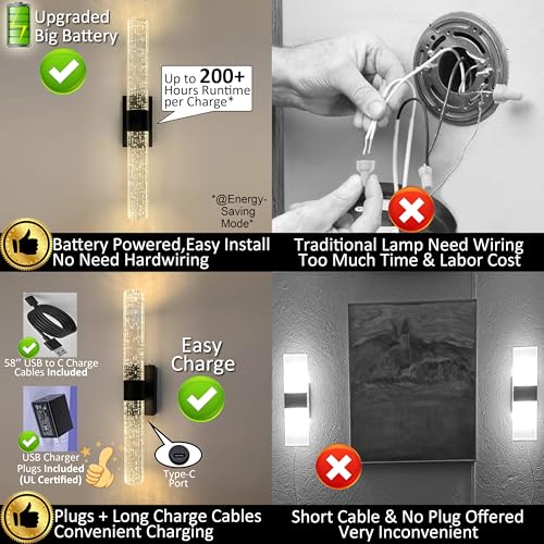 Battery Operated Crystal Wall Lights Rechargeable Set of 2 with Remote