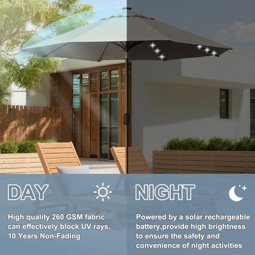USA 10-Year-Non-Fading 10ft Market Patio Umbrella, Commercial Grade Table Sun Umbrella with 80 Solar LED Lights, Crank Open, Windproof & UPF 50+ UV Protection for Garden, Deck, Pool, Backyard, Antique Beige