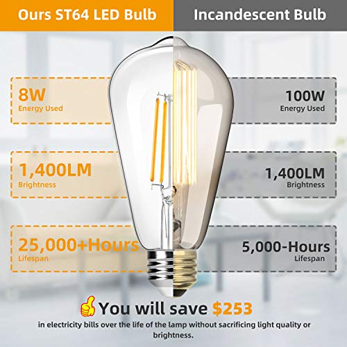 4 Pack Vintage 8W ST64 LED Edison Light Bulbs 100W Equivalent (4 Count)