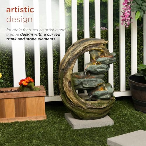 WIN1554S Outdoor Curved Trunk and Stone Floor Fountain with Warm White LED Lights