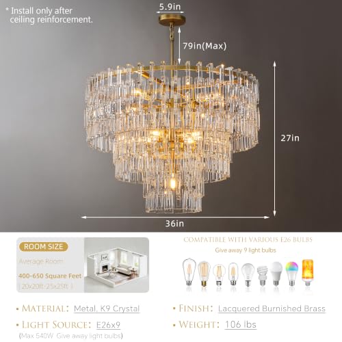 36'' W Round Crystal Chain Chandelier 9