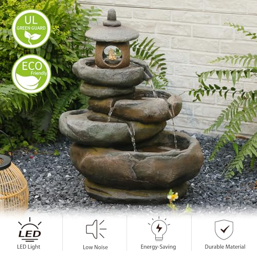 25.2" H 4 Tiered Pagoda and Imitation Rock Outdoor Water Fountain
