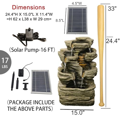 6 Tier Solar Powered Water Fountain Outdoor Waterfall 24.4 in