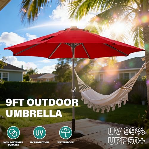 9 ft Patio Umbrella with lights Outdoor Table Umbrella for pool red