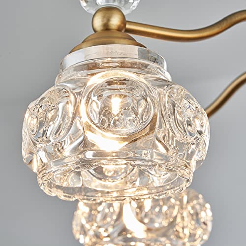 Vintage 5 Lights Gold Glass Pendant Lighting Rustic Style Chandelier Matte Brushed Antique Brass Finish with Crystal Glass Shade for Kitchen Island
